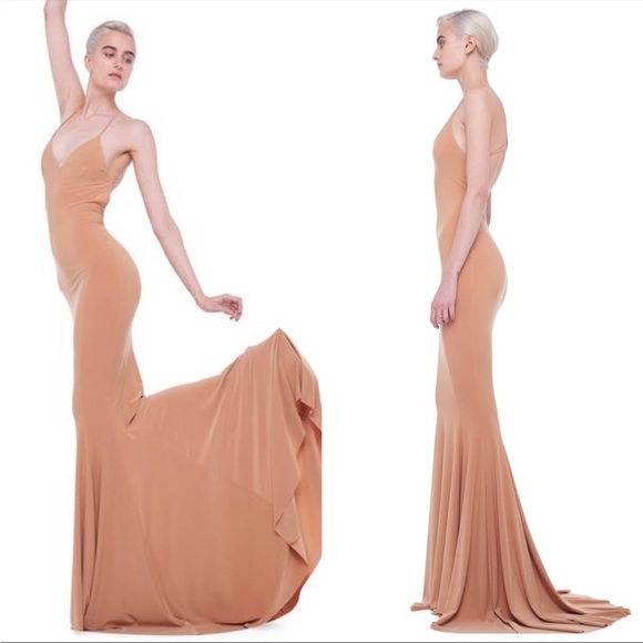 $350 REVOLVE Norma Kamali Low Back Slip Mermaid Fishtail Gown Nude Beige Dress - Picture 12 of 12
